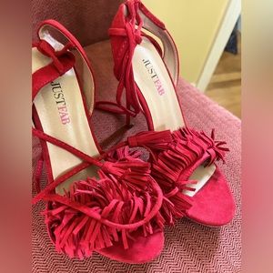 red Fringe Justfab Heeled Sandals Sz 7